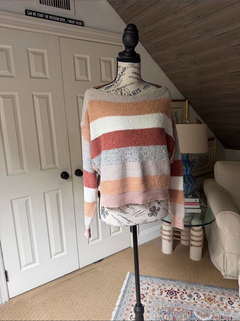 Free People Striped Boat neck  Sweater in Cream, Peach & Rust
